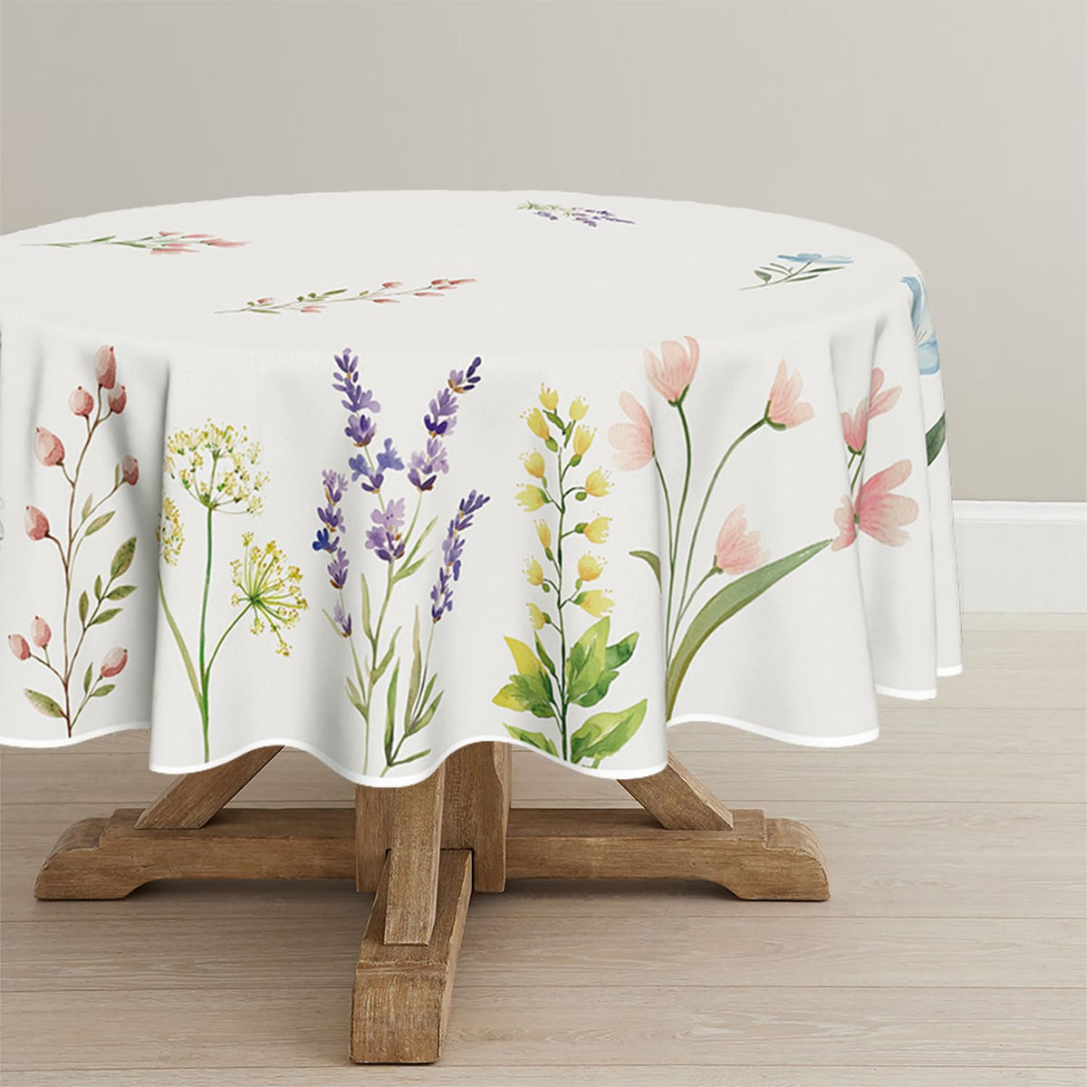 Horaldaily Easter watercolor wildflowers round tablecloth for spring gatherings.