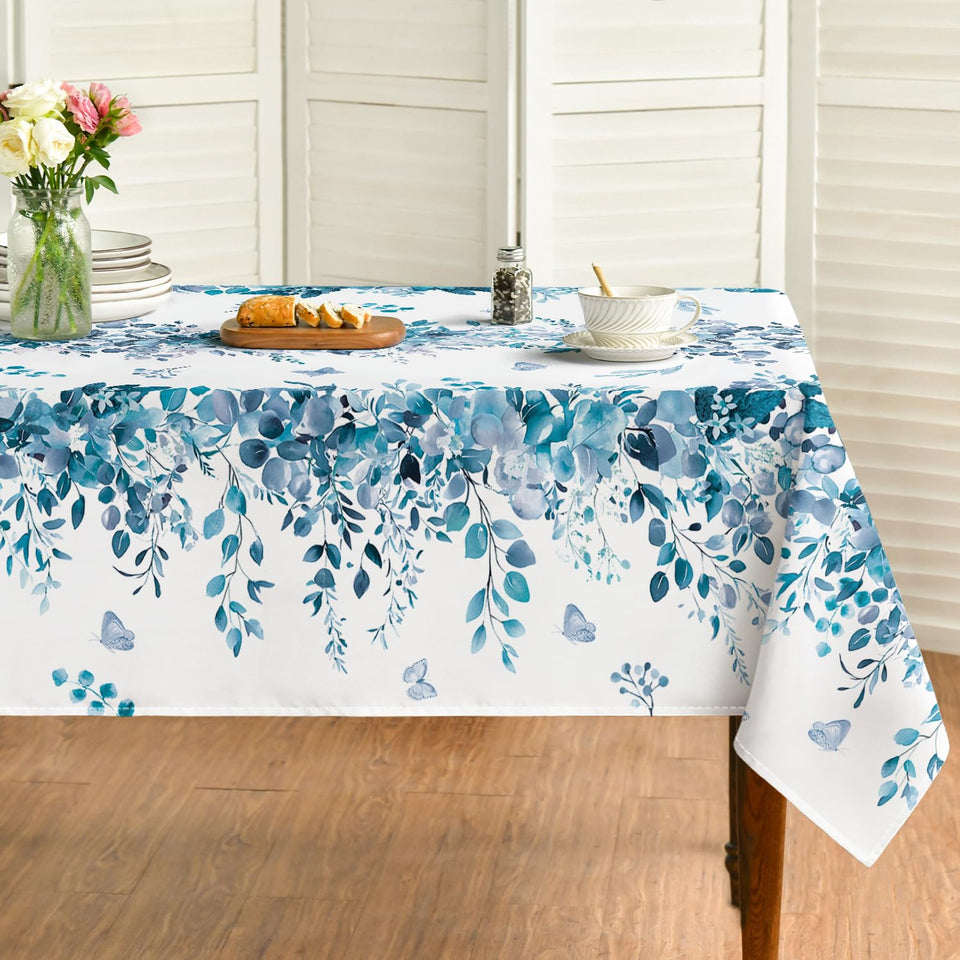 Horaldaily Spring tablecloth with blue eucalyptus pattern enhances table decor.