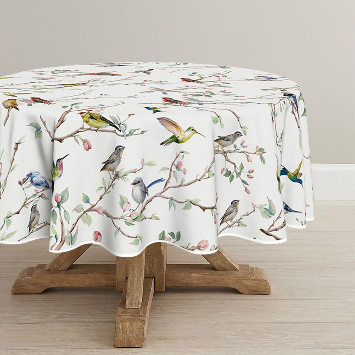 Horaldaily spring tablecloth with birds-branch-white-floral print for elegant dinner decor.