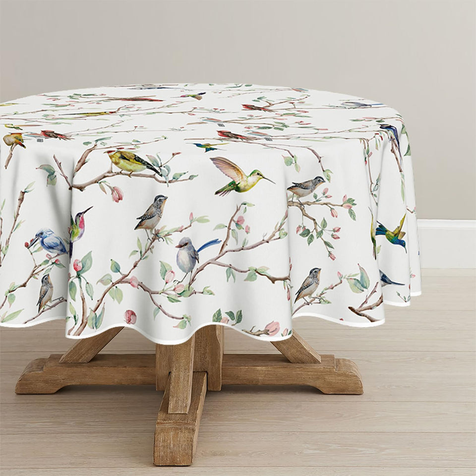 Horaldaily spring tablecloth with birds-branch-white-floral print for elegant dinner decor.