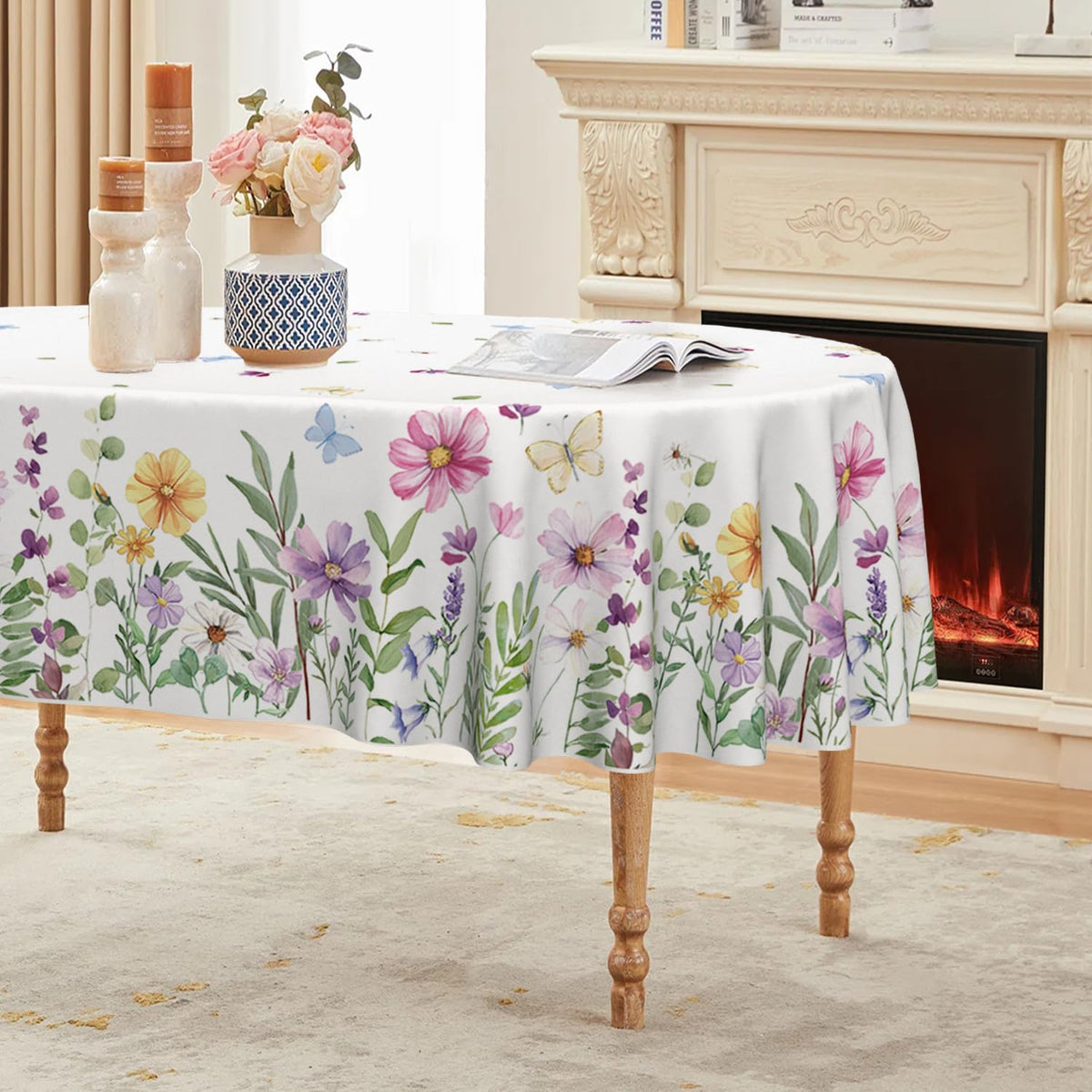 Horaldaily Spring Tablecloth with wildflowers and butterflies, vibrant decor for festive meals
