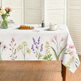 Horaldaily tablecloth with spring watercolor flowers on 60x120 table, ideal for festive gatherings.