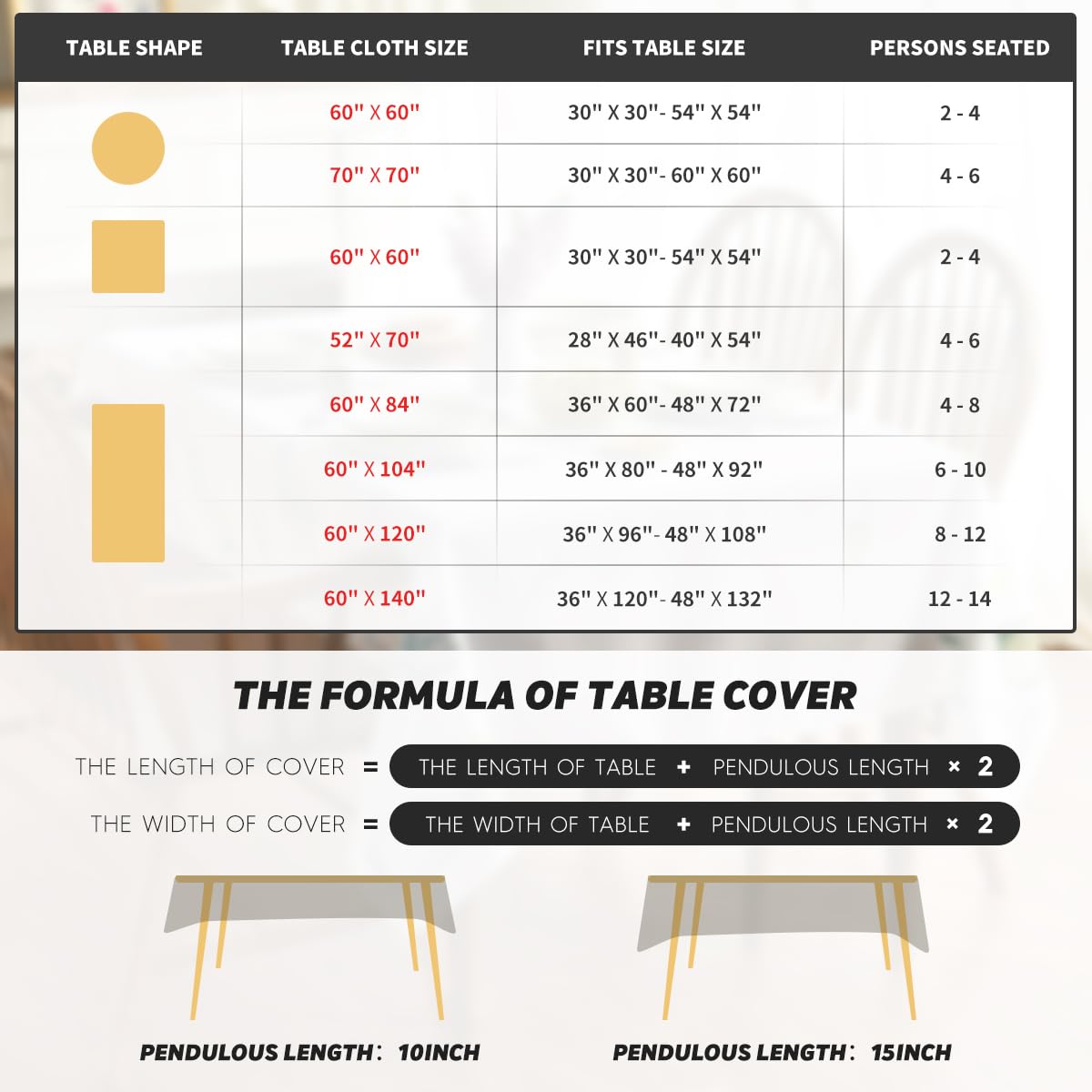 Horaldaily versatile tablecloth fits 36x60 to 48x72 tables.
