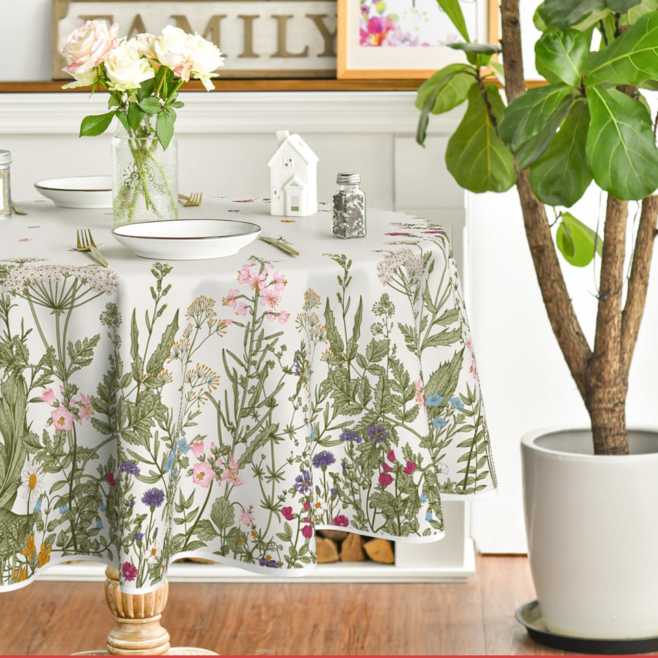 Horaldaily Wild Flowers round tablecloth main image showing vibrant print for festive dinners.