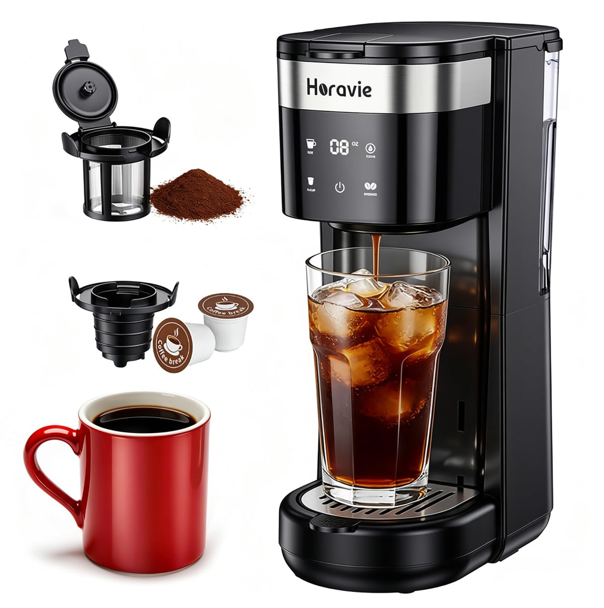 Horavie all-in-1 coffee maker front view, compact footprint for small spaces.