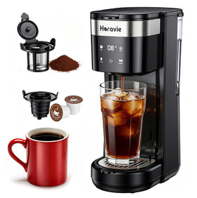 Horavie all-in-1 coffee maker front view, compact footprint for small spaces.