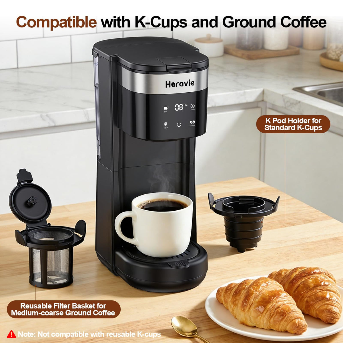 Horavie all-in-1 coffee maker pod compatibility enables fast single-serve brews.