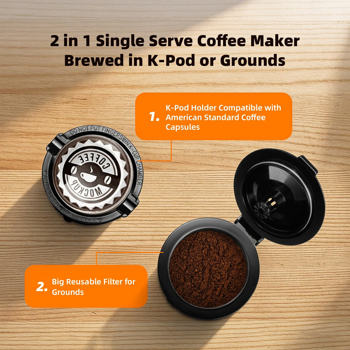 Horavie K-Cup and ground coffee compatibility for flexible brewing options.