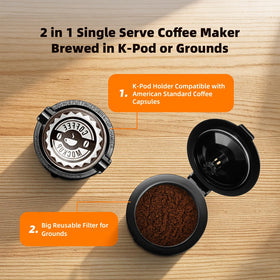 Horavie K-Cup and ground coffee compatibility for flexible brewing options.