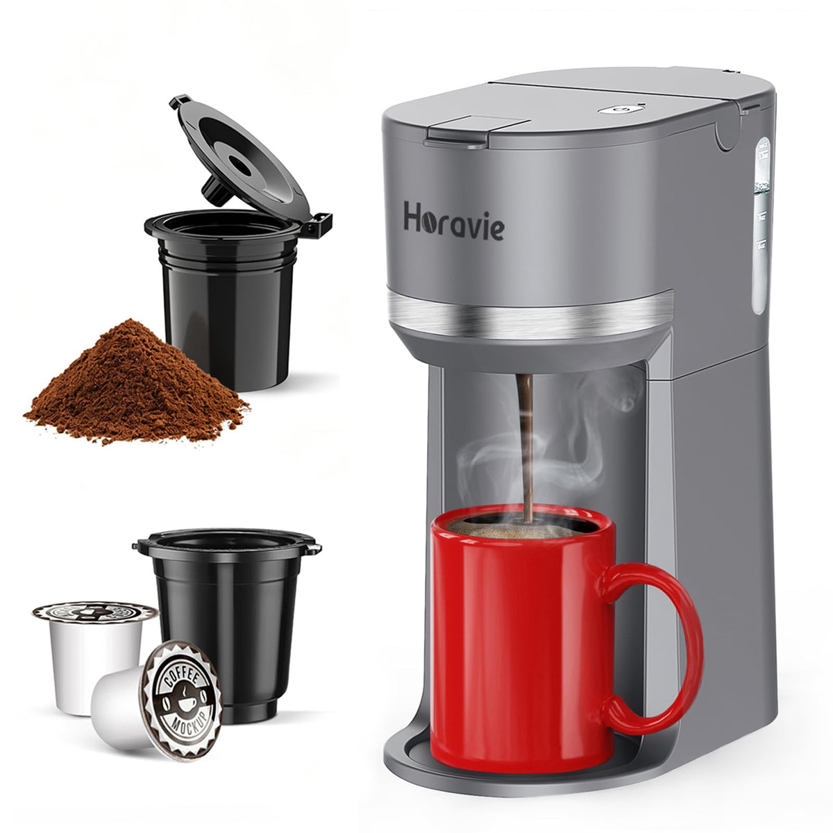 Horavie Mini single-serve coffee maker front view for small spaces and easy setup.