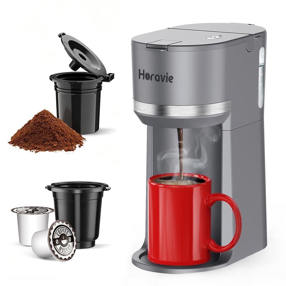 Horavie Mini single-serve coffee maker front view for small spaces and easy setup.