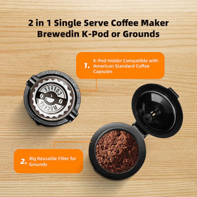 Horavie mini single-serve brewer brewing with K-Cups for rapid, convenient coffee moments.
