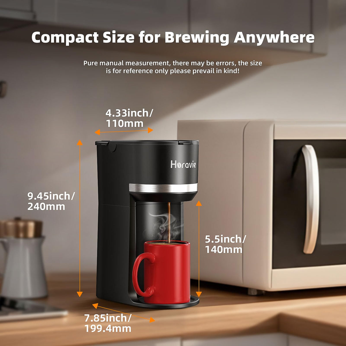 Horavie one-button brewing for quick, hot coffee in minutes.