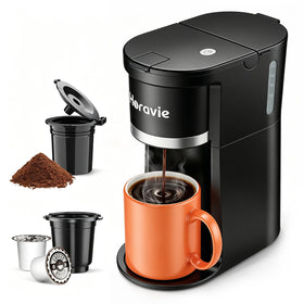 Horavie small single-serve coffee maker front view, compact design ideal for small kitchens.
