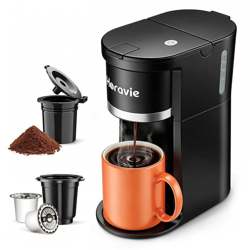 Horavie small single-serve coffee maker front view, compact design ideal for small kitchens.