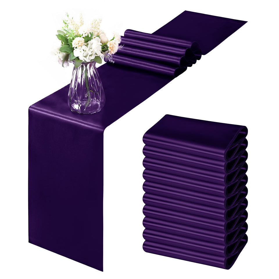 Horbaunal purple satin table runner 12x108 adds elegant drape for weddings and banquets.