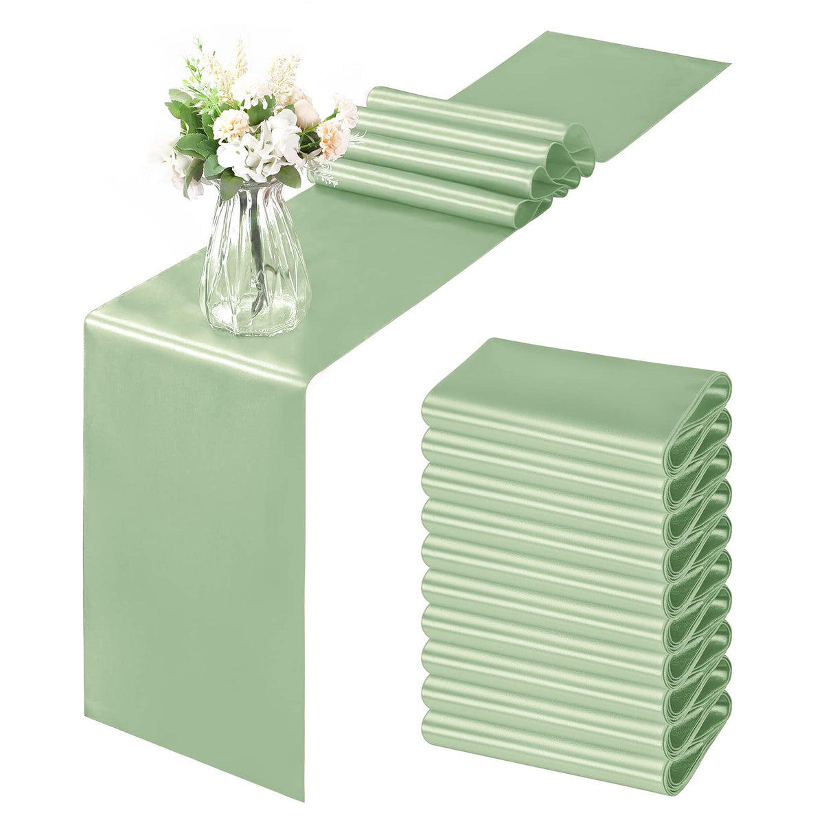Horbaunal sage green satin table runner in 12x108 inches adds elegant drape to tables.