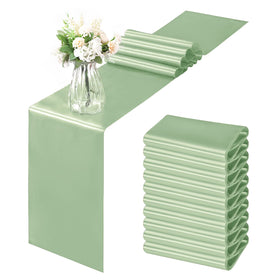 Horbaunal sage green satin table runner in 12x108 inches adds elegant drape to tables.