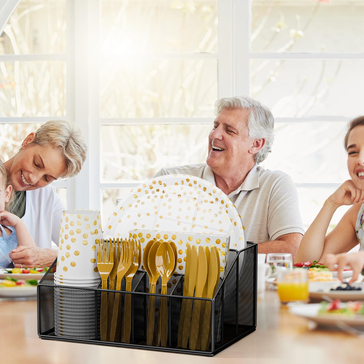 Hordely 6-compartment caddy on countertop organizes plates, cups, napkins, and utensils