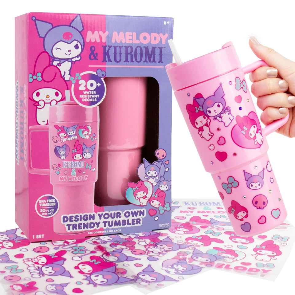 Horizon My Melody & Kuromi tumbler with pink decal sheets for personalized style on the go.
