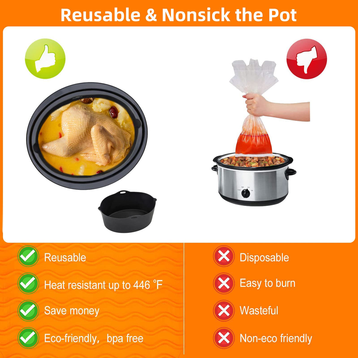 Horuhue silicone liner shows 7-8 qt fit inside an oval crock pot.