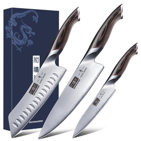 HOSHANHO 8-inch chef knife for precise slicing in a professional kitchen.