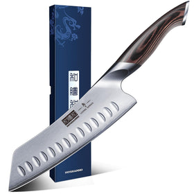 HOSHANHO 7-inch knife blade close-up showing laminated steel for clean cuts