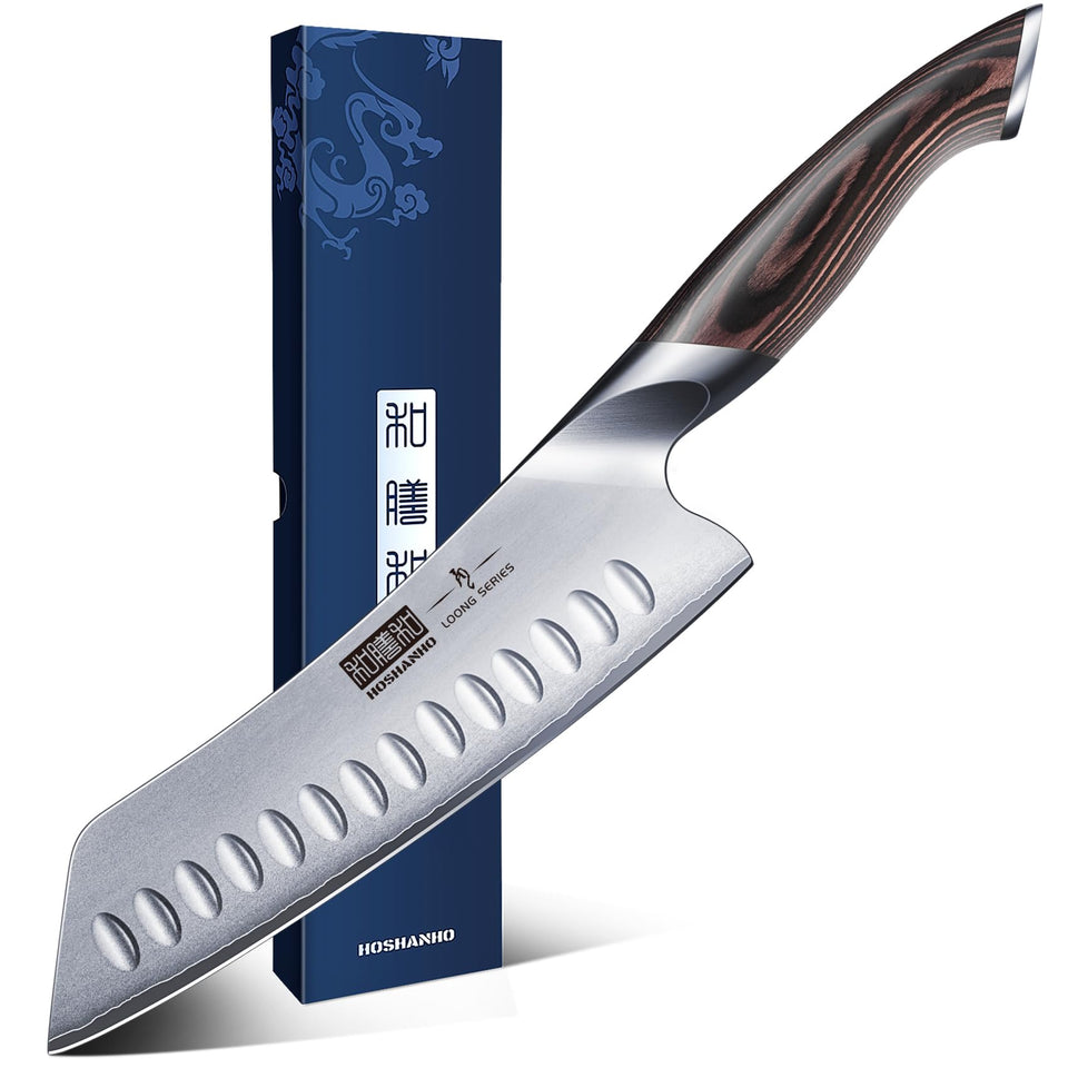 HOSHANHO 7-inch knife blade close-up showing laminated steel for clean cuts