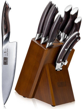 HOSHANHO 8-inch chef knife with block for precise chopping and balanced feel.