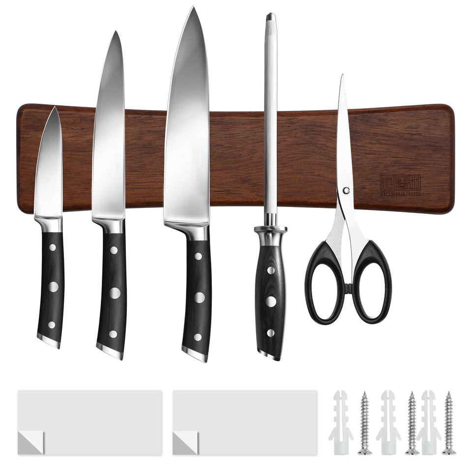 HOSHANHO acacia wood knife strip with arc design for stylish kitchen organization.