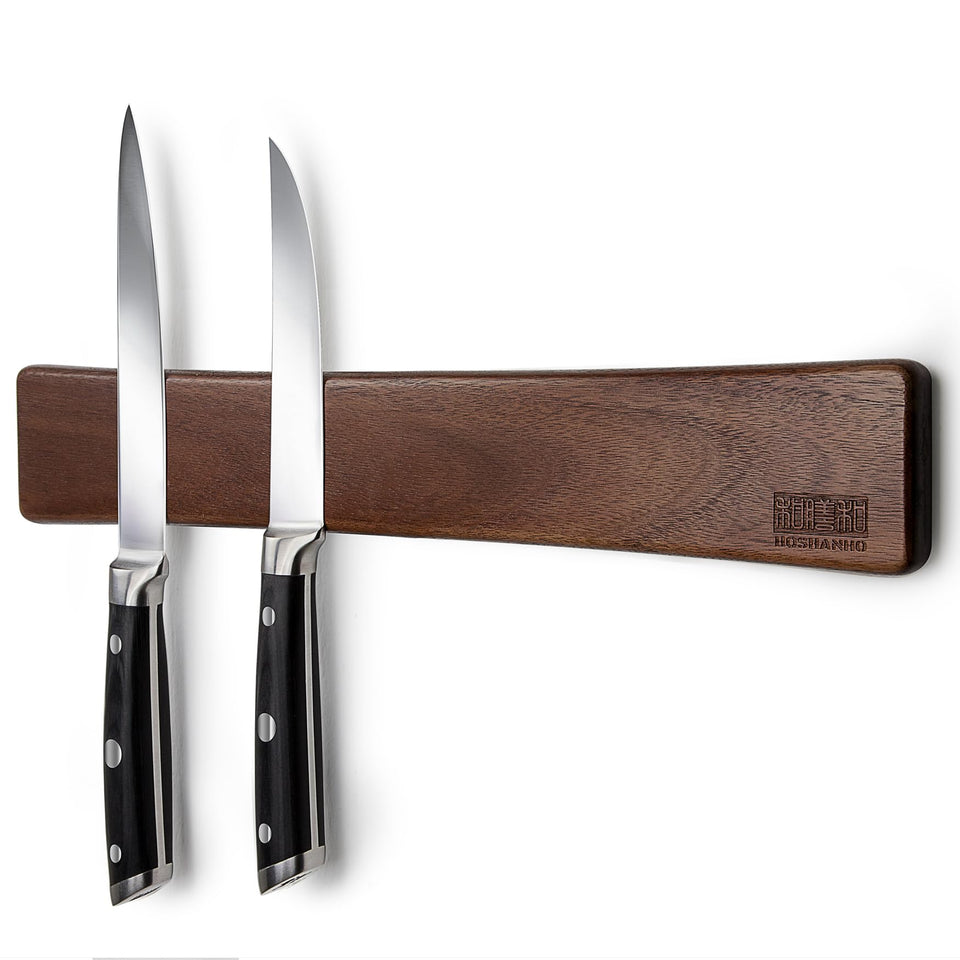 HOSHANHO acacia wood magnetic knife strip showing natural grain and secure knife storage.