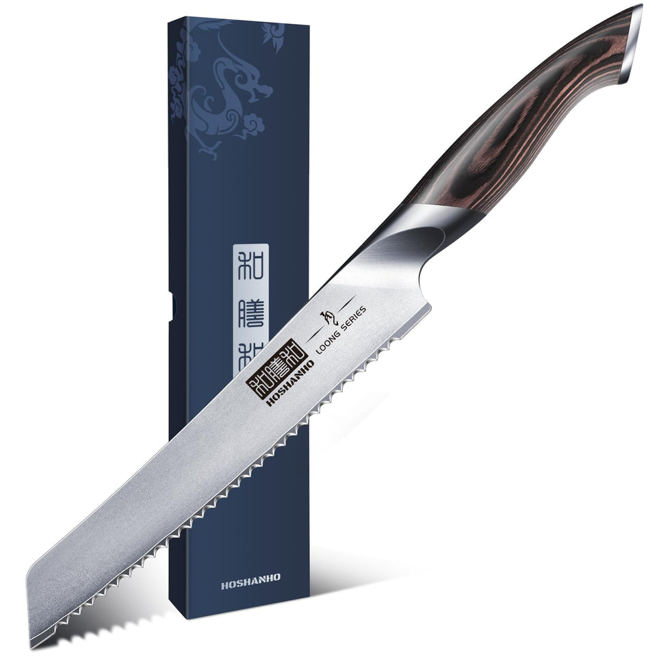HOSHANHO bread knife 8-inch blade close-up for precise crust cuts.