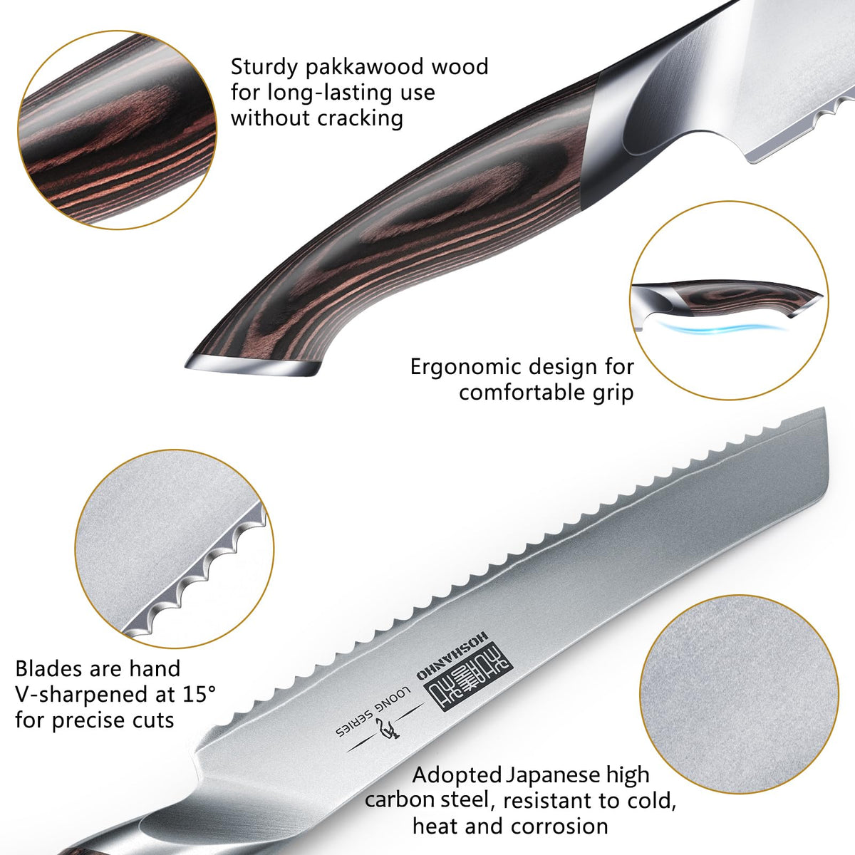 HOSHANHO bread knife ergonomic handle for comfortable slicing.