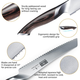 HOSHANHO bread knife ergonomic handle for comfortable slicing.