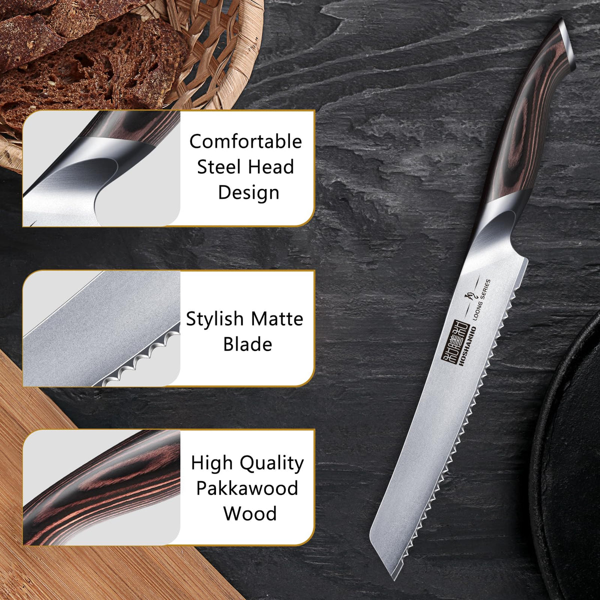 Bread is evenly sliced with the serrated blade in action.