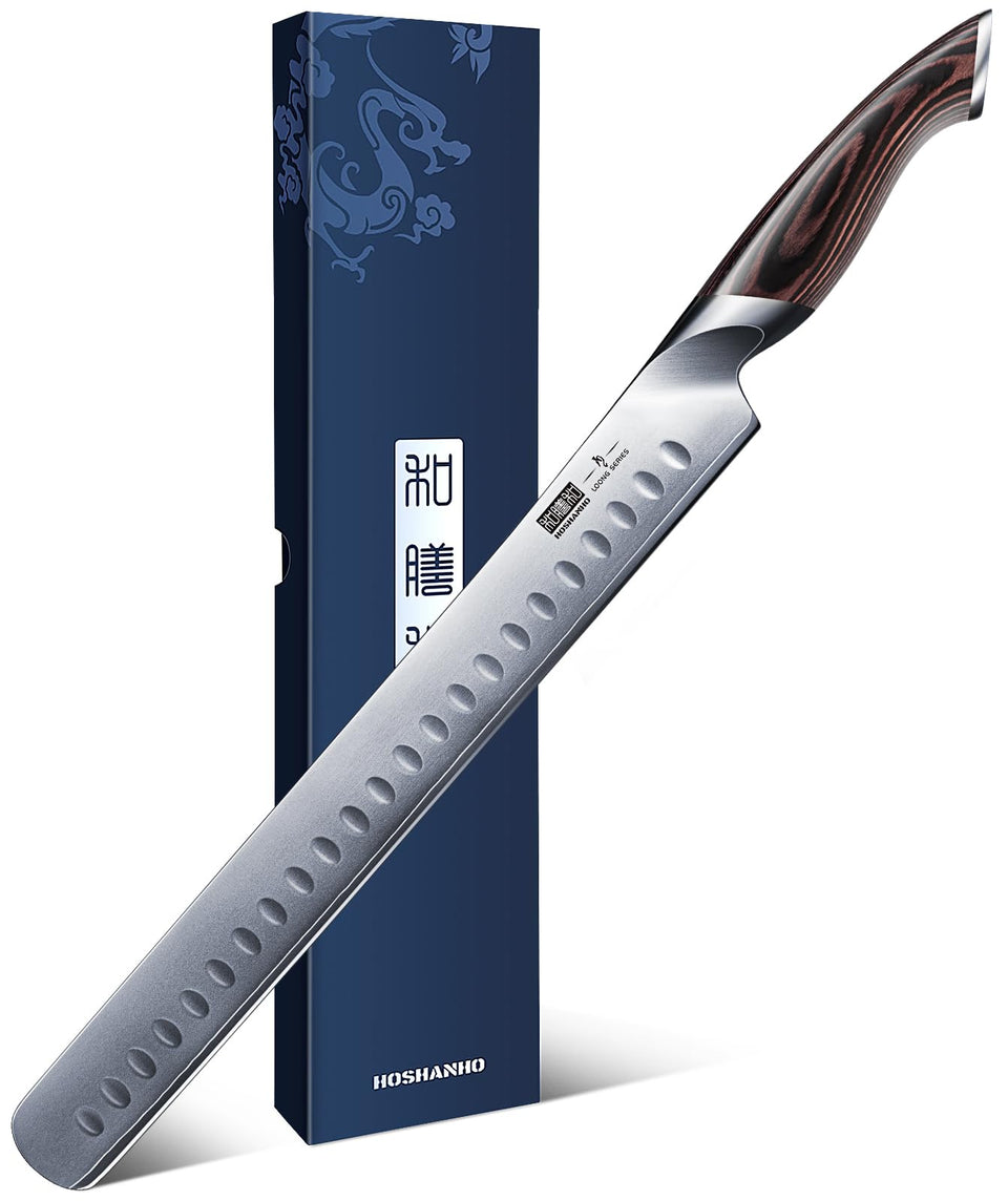 HOSHANHO carving knife 12-inch blade edge enables precise meat slicing.