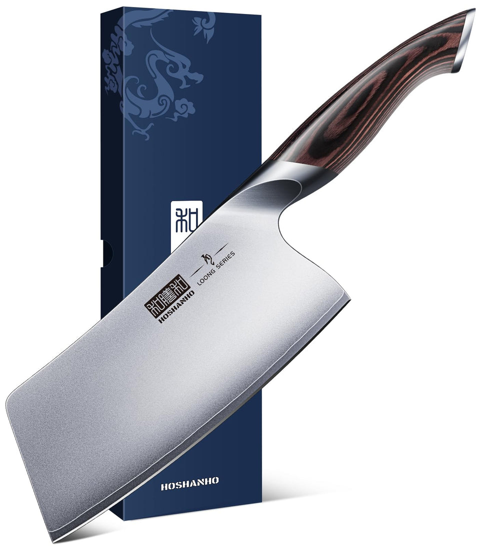 Hoshanho 7-inch cleaver edge close-up for precise, clean cuts.