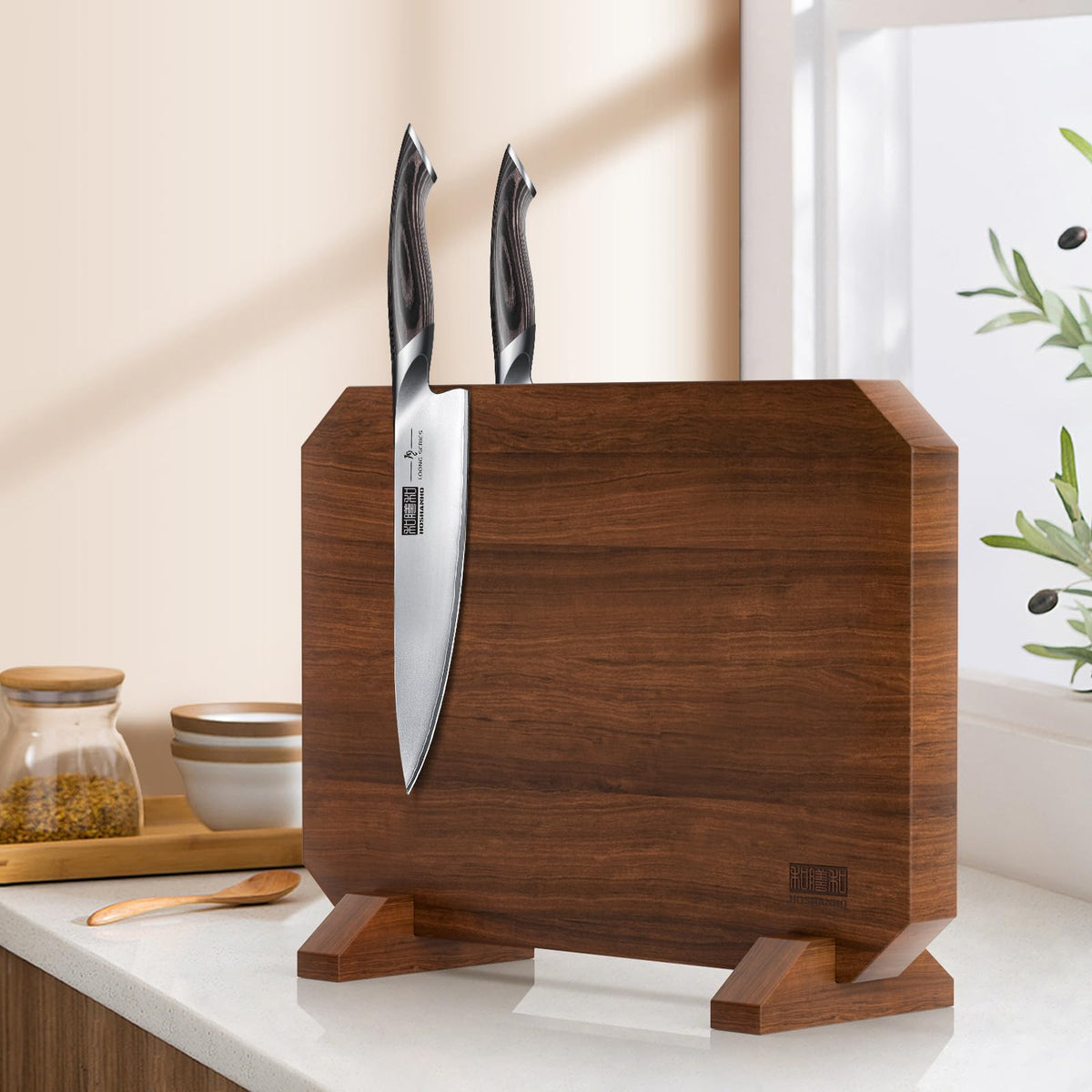 HOSHANHO knife block on the counter keeps tools organized.