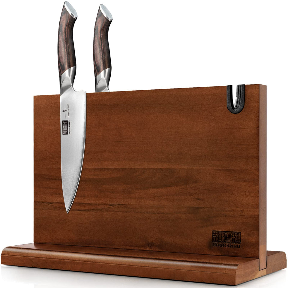 HOSHANHO double-sided magnetic knife block keeps blades secure and accessible.
