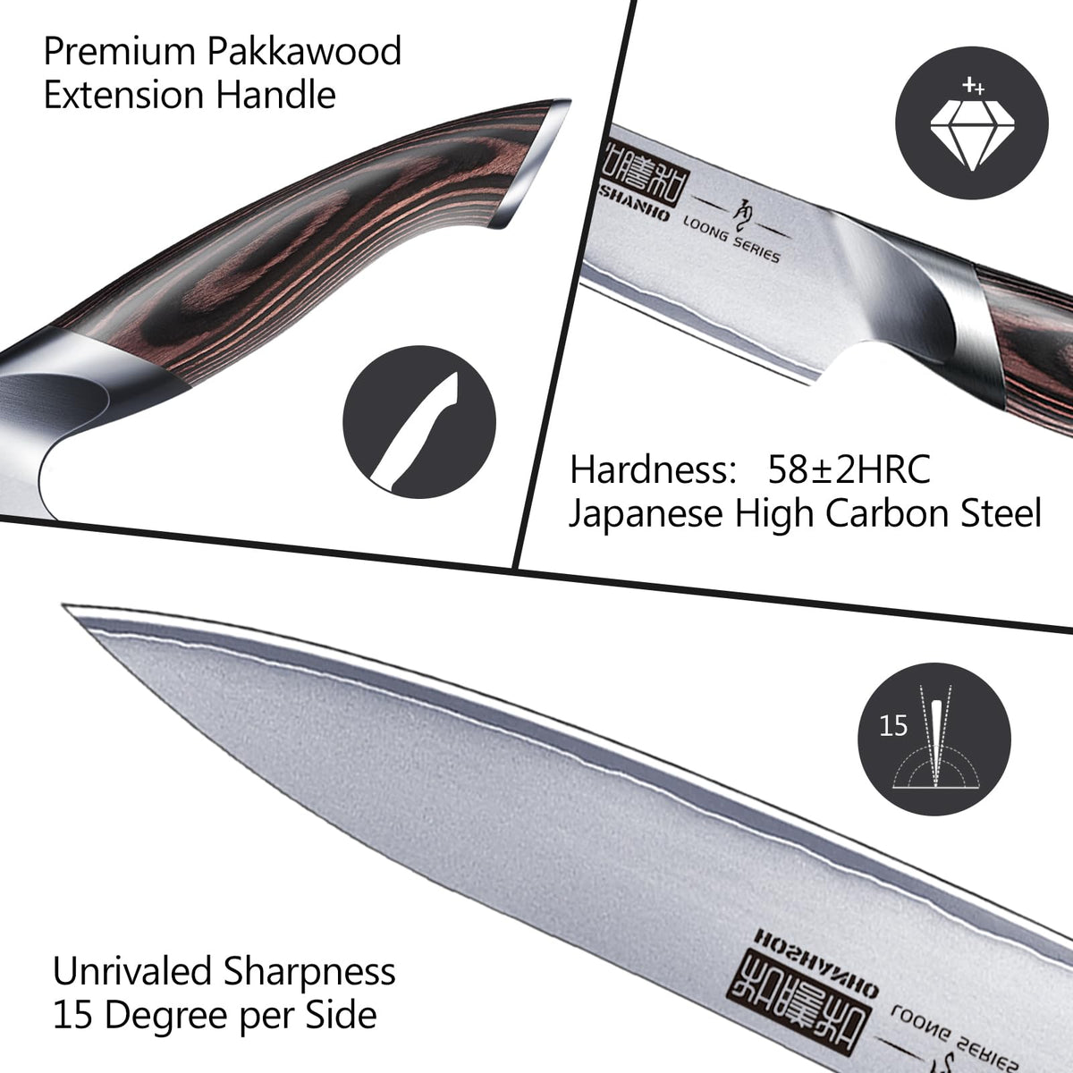HOSHANHO edge at 60 HRC close-up highlighting hardness and durability.