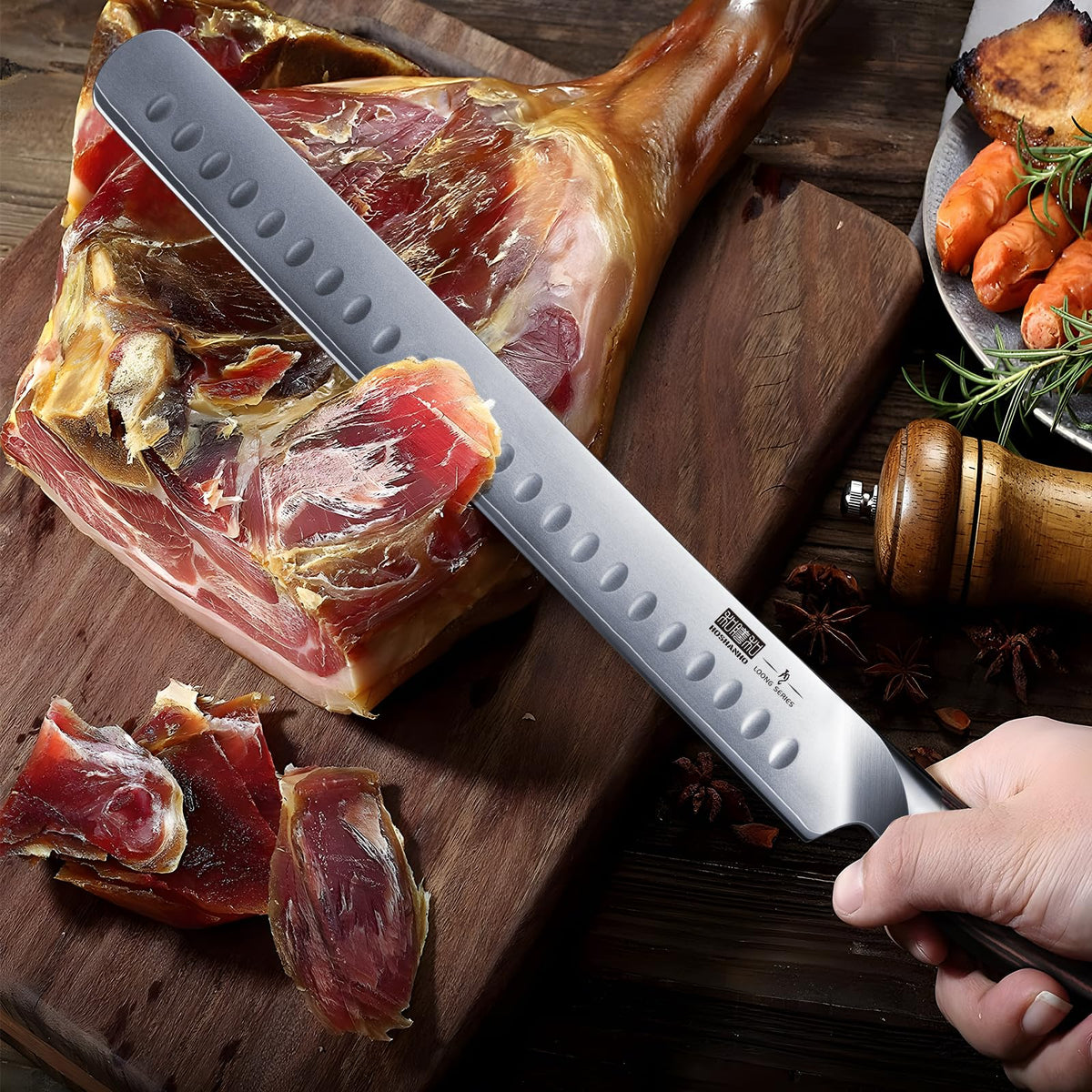 HOSHANHO elegant gift-ready knife presented on a cutting board.