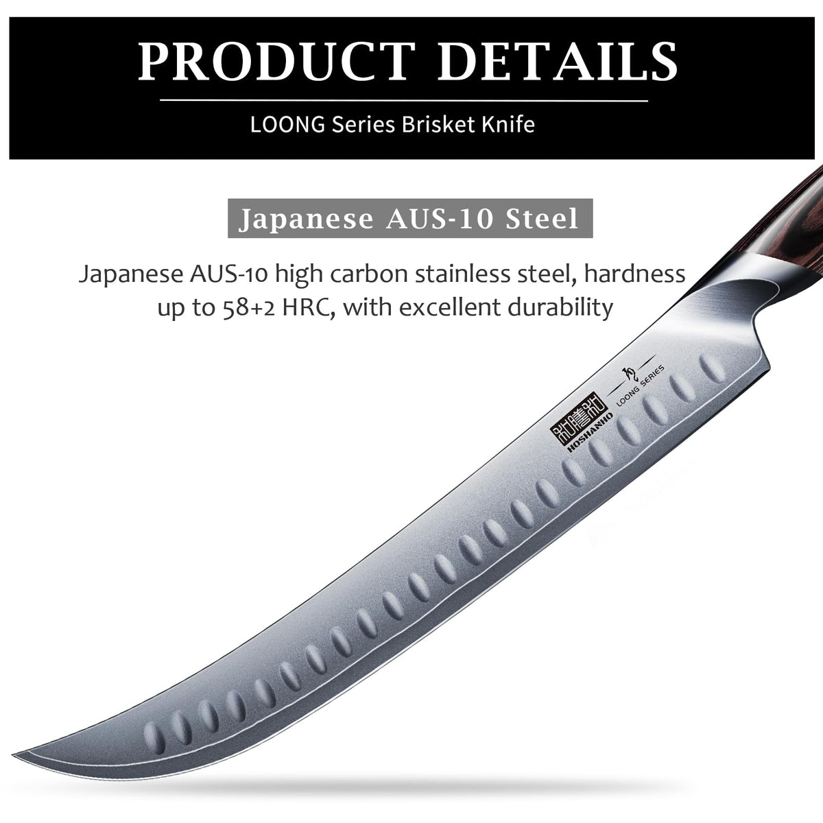 HOSHANHO high-carbon steel blade close-up showing hardness and edge stability for clean cuts.