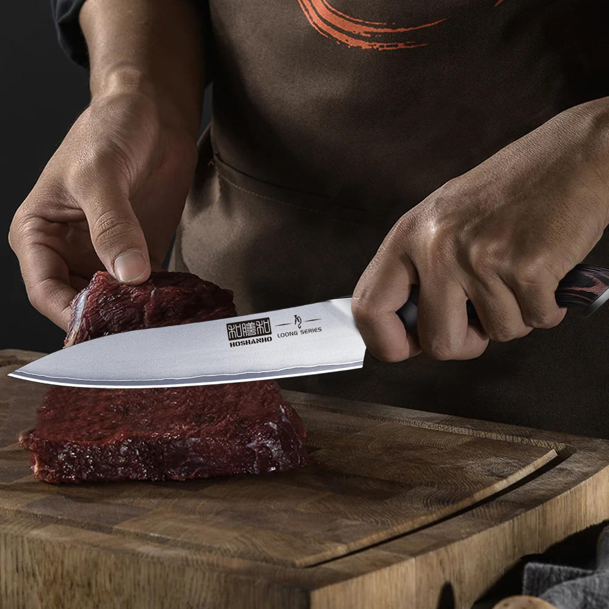 HOSHANHO kitchen knife in use, performing slicing and mincing with ease.