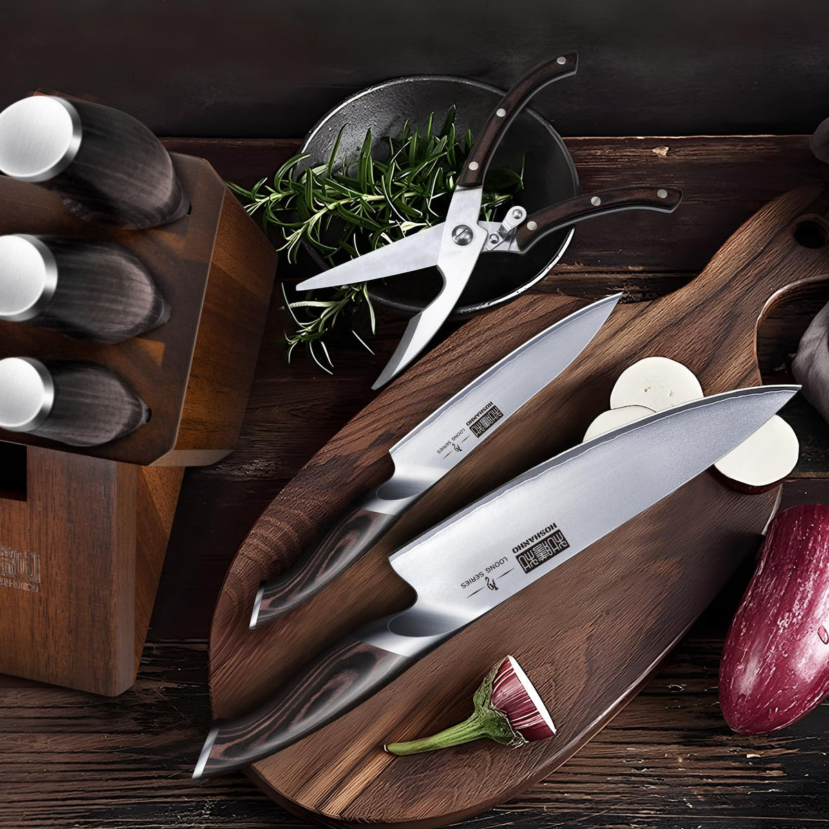 HOSHANHO kitchen shears stored neatly in the block for easy use.