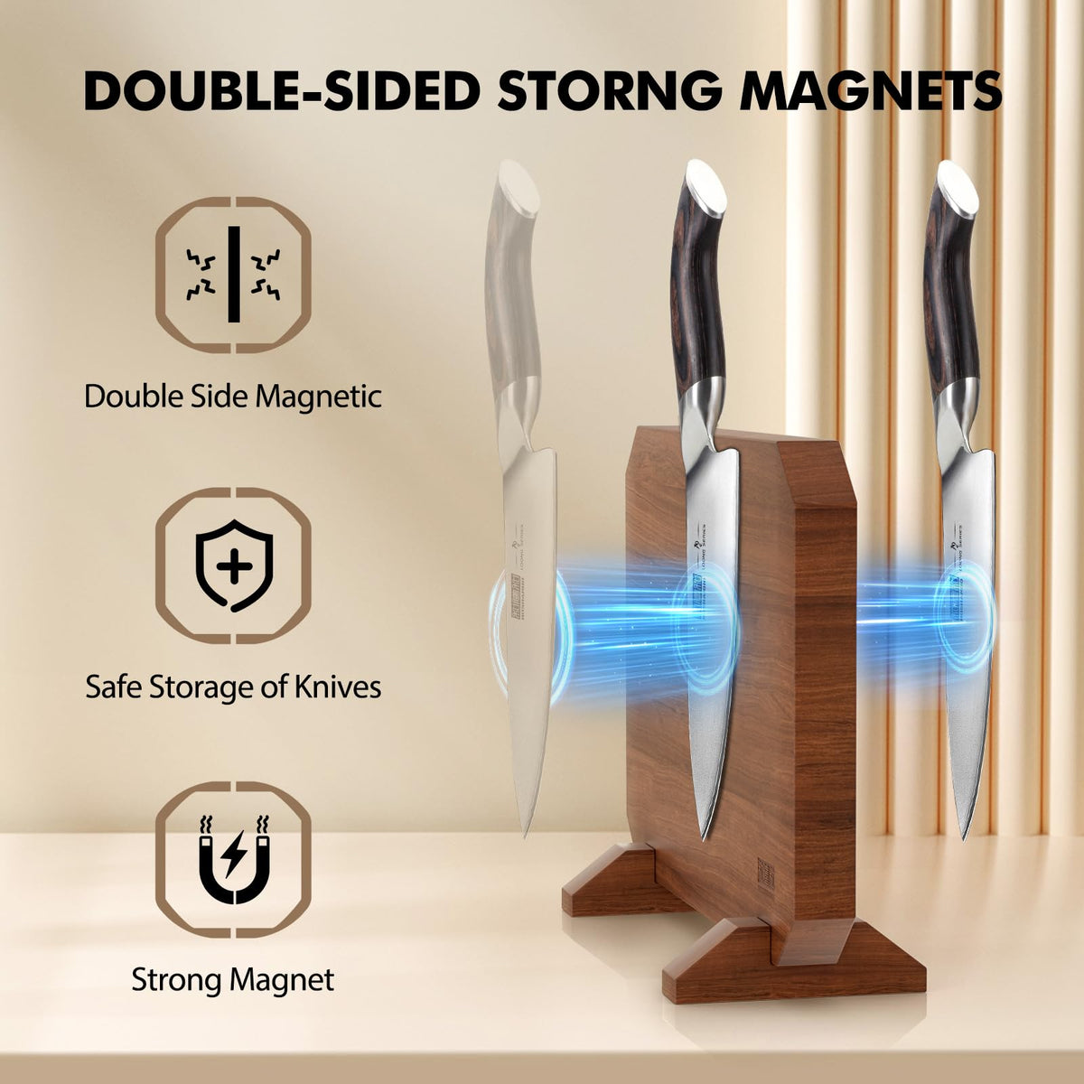 HOSHANHO magnetic knife block back view showing dual magnets.