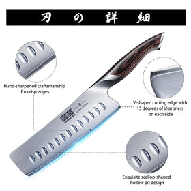 HOSHANHO 7-inch Nakiri edge at 15 degrees for effortless slicing.