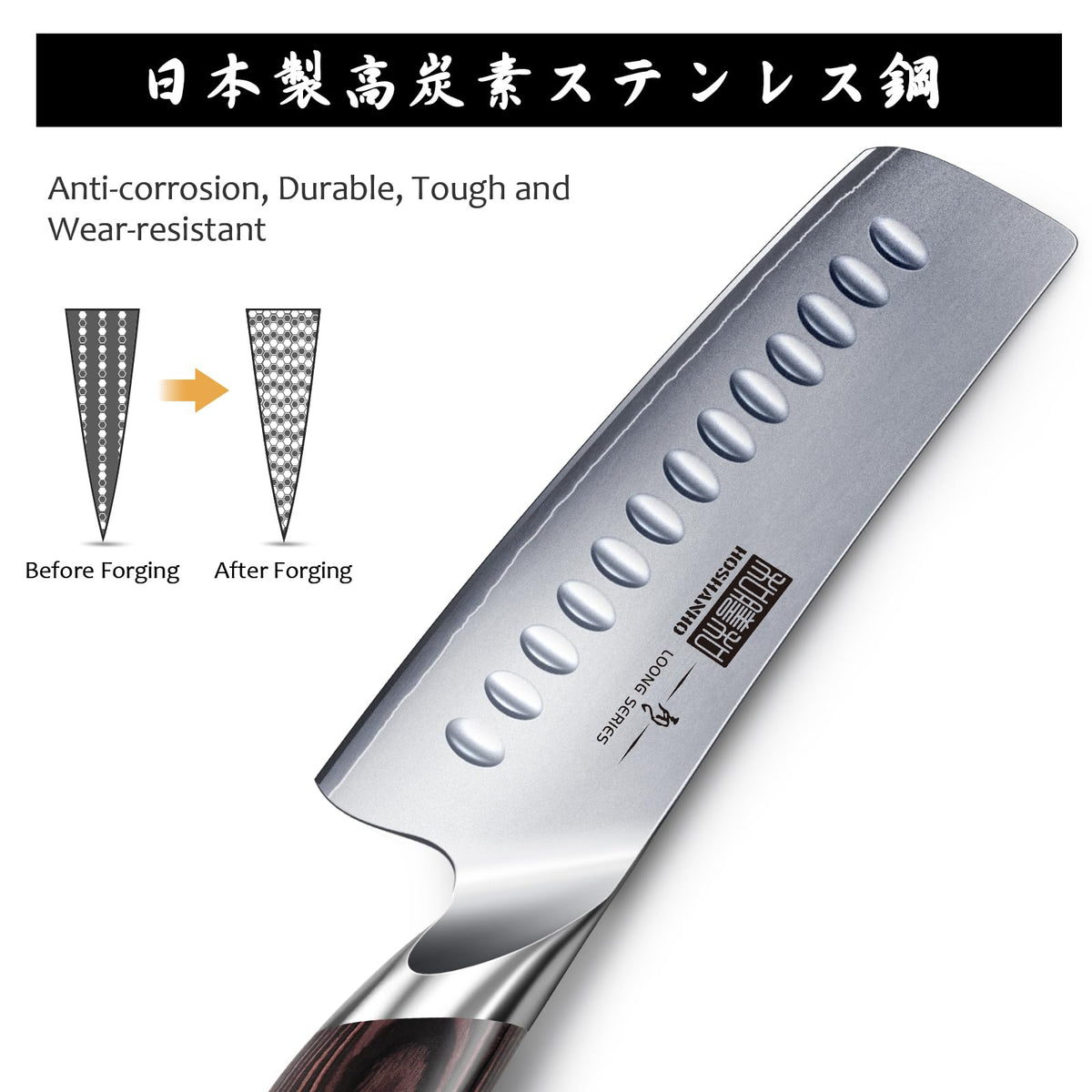 Ergonomic pakkawood handle on the HOSHANHO Nakiri for comfortable grip.