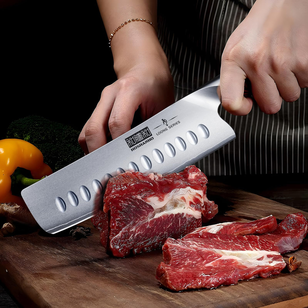 Gift-ready HOSHANHO Nakiri knife with stylish wood finish.