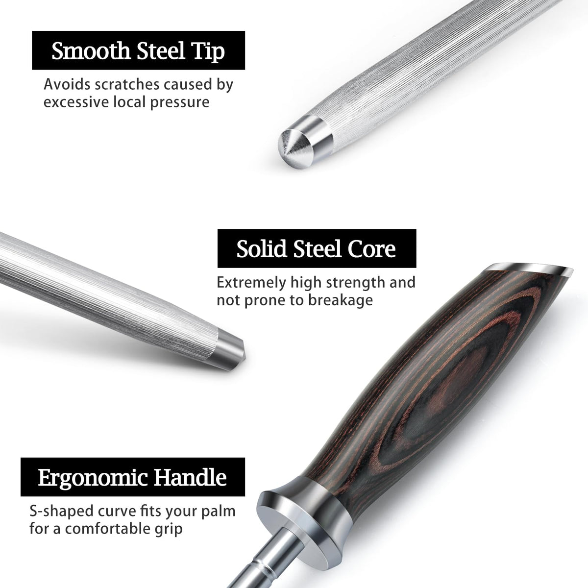 Pakkawood handle close-up showing durable, comfortable grip.