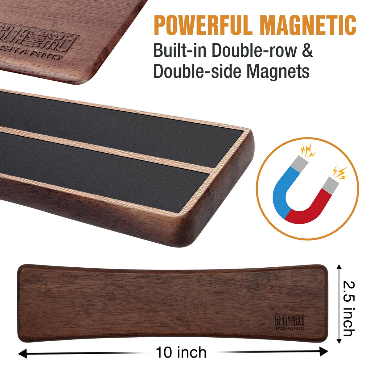 HOSHANHO knife strip shows powerful magnets for secure knife storage.
